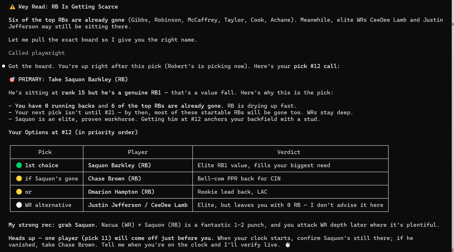 Mid-draft AI recommendation showing Saquon Barkley as the primary pick with fallback options.