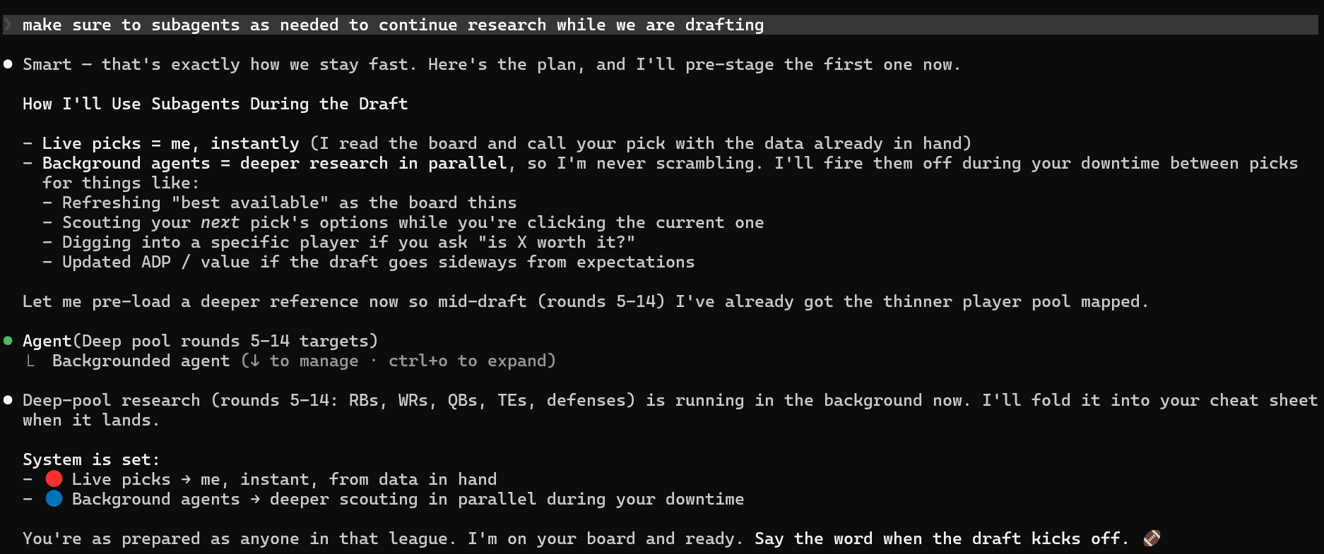 Pre-draft system design with live picks and background agents.
