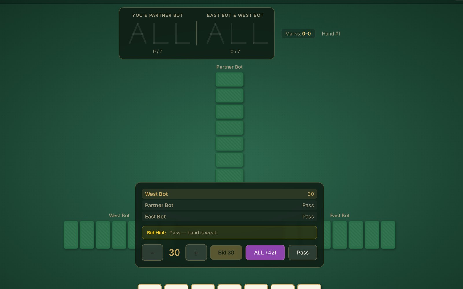 Texas 42 game table mid-bid with dominoes in hand and a bid hint panel